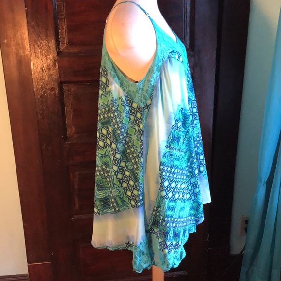 GlamDoll sz Med. Tent sundress teal, blue, green, and yellow/lace panels/lined - Picture 5 of 13